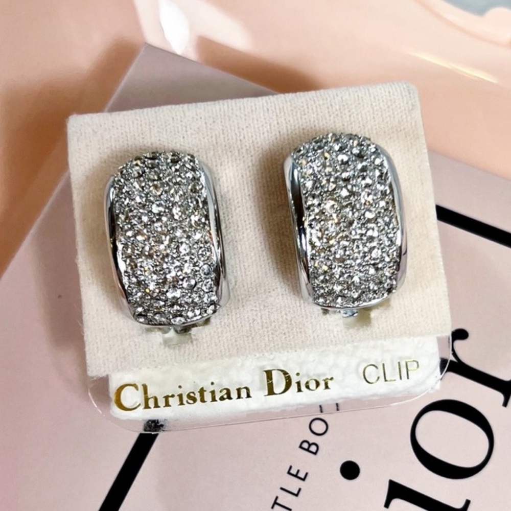 Christian Dior LARGE Pave Crystal Half Hoop Clip-On Earrings